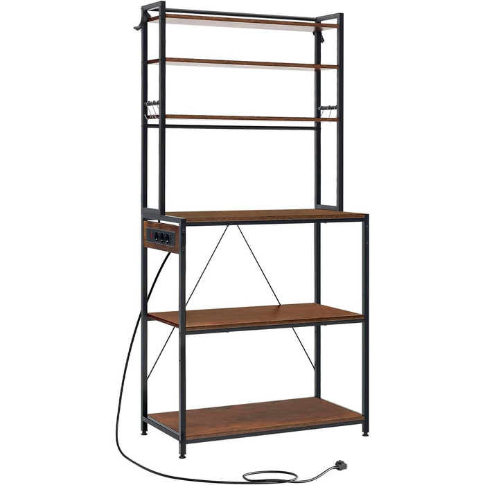 Кухонна полиця WOLTU з 6 ярусами, з розетками, для мікрохвильової печі, з металевим каркасом, регульовані полиці, Чорний+Рустик Браун, 60 x 167 x 40 см (Чорний+Вінтаж Браун, 80 x 39,5 x 167 см)