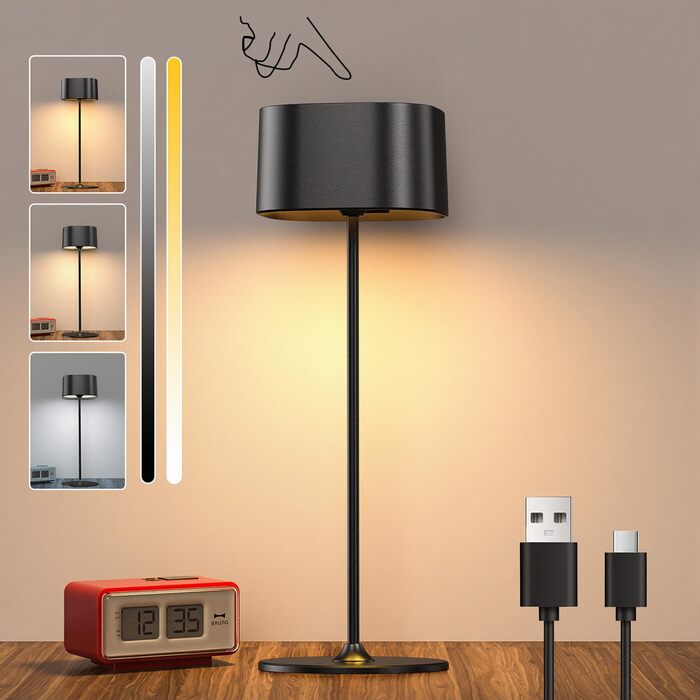 Акумуляторний світлодіодний настільний світильник з димером, USB-C, металевий, водонепроникний IP54, 5600mAh, 5W, чорний