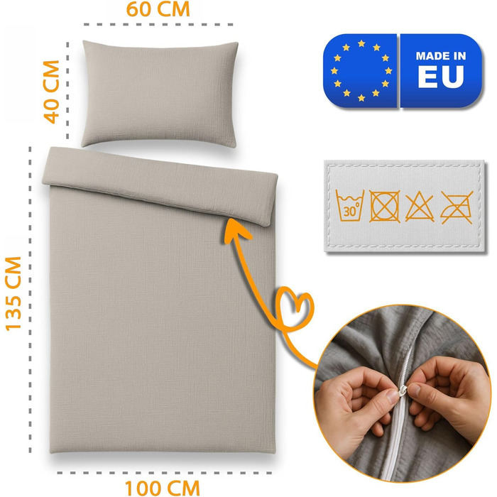 Бетлічна постільна білизна для дитячого ліжечка з мусліну, 100x135 см - комплект з подушкою 40x60 см та ковдрою 100 x 135 см, бавовна, сертифікат Oeko-Tex, сірий колір