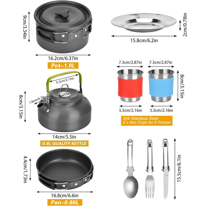 Набір посуду для кемпінгу: туристичний посуд, набір каструль та сковорідок з алюмінію на 2-3 особи для кемпінгу, пікніків та походів