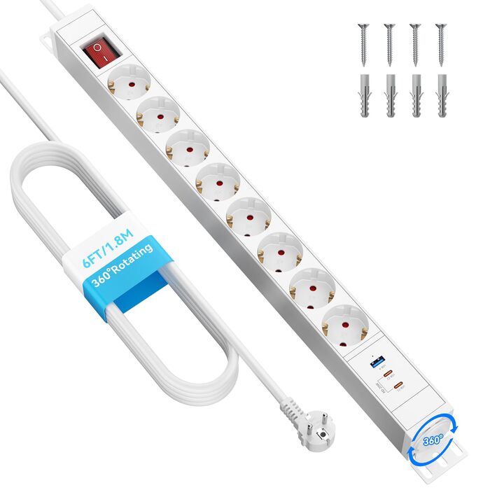 Мережевий фільтр із захистом від перенапруги, 10 розеток, поворотний на 360°, для стін, кабель 1.8м, 16A/4000W, для офісу та дому, чорний