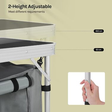 Складний алюмінієвий кемпінговий стіл-шафа WOLTU з регульованою висотою, чорно-сірий. Меблі для пікніка, пляжу, саду.