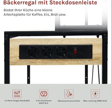 Кухонна полиця WOLTU з 6 ярусами, з розетками, мікрохвильова полиця з 6 гачками, полиця для пекаря з металевим каркасом, регульовані полиці, Чорний+Рустикальне коричневе, 60 x 167 x 40 см (Чорний+світлий дуб, 80 x 39,5 x 167 см)