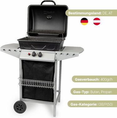 Газовий гриль Clatronic GG 3590 з 2 зонами нагріву, індивідуальним регулюванням температури, решіткою для грилю та підігріву, зручним кошиком для зберігання та великим відсіком для газового балона