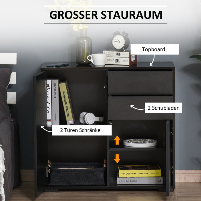 HOMCOM Sideboard Black Storage Cabinet with 2 Drawers & 2 Doors, Tip-Over Protection for Living Room, Bedroom, 117x36x74cm