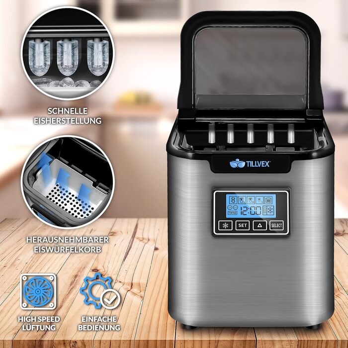tillvex Ice Maker Stainless Steel 12 kg - 24 h | Ice Cube Maker with Timer and 2.2 Liter Water Tank | Ice-Maker LCD Display & Self-Cleaning Function | 3 Ice Cube Sizes (Silver)