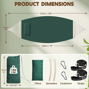Chihee Hammock - Cotton, Large, Soft, Breathable Camping Hammock - Holds up to 300kg - Portable Tree Hammock with Detachable Spreader Bar, Head Pillow, 2 Strong Straps, 2 Carabiner Hooks (Dark Green)