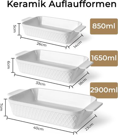 Набір форм для запікання Miamio Palmanova (3 шт.) з кераміки, прямокутні, 850 мл, 1650 мл, 2900 мл. Підходять для тірамісу, лазаньї. Можна мити в посудомийній машині та використовувати в духовці.