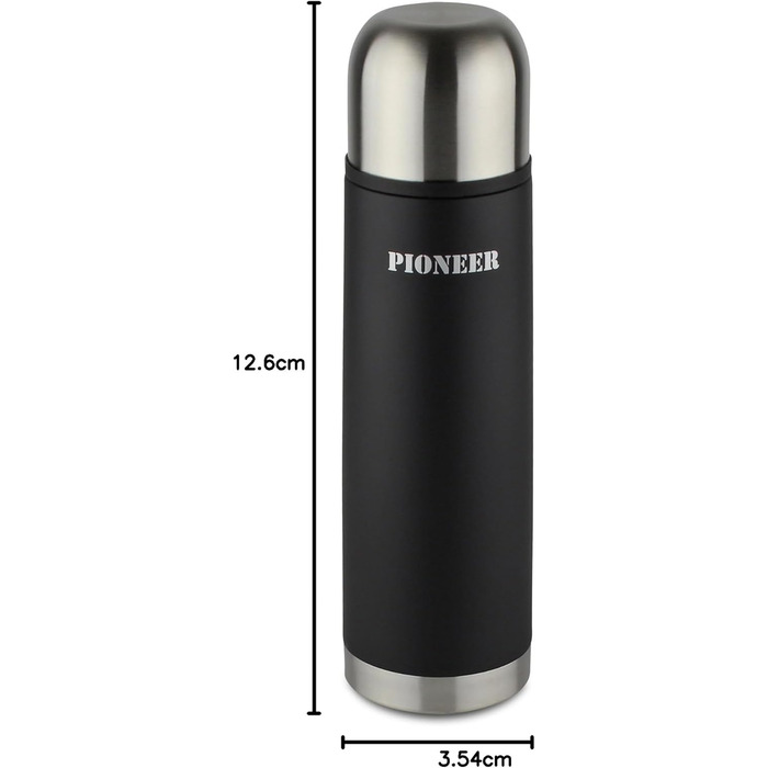 Pioneer Stainless Steel Insulated Flask with Button Lid & Drinking Cup - 1.0L Double-Walled Vacuum Insulation - Keeps Hot for 8 Hours, Cold for 24 Hours - Leakproof, BPA-Free - Black, 1000ml