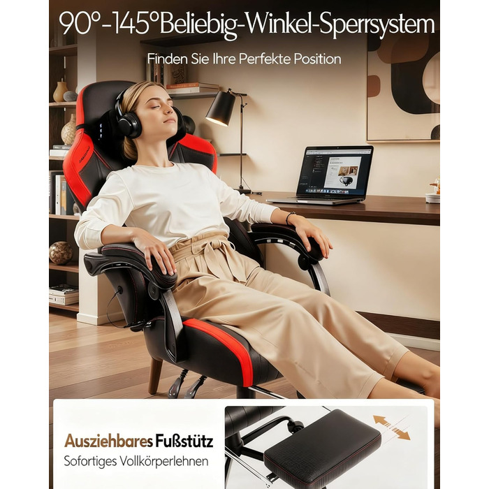 Ігровий крісло Dowinx з масажем, ергономічний дизайн, підтримка попереку та шиї, до 135 кг, шкіра, для дорослих (червоний)