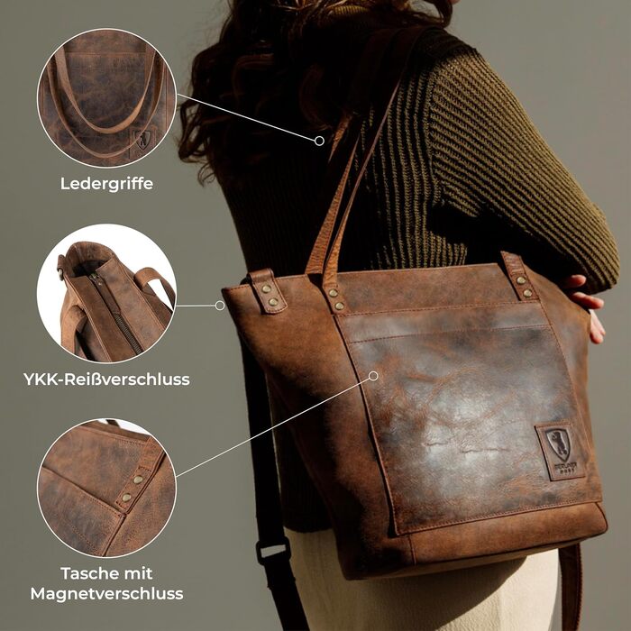 Сумка жіноча шкіряна через плече Berliner Bags Verona Vintage (Earth) - велика шопер сумка з YKK блискавкою