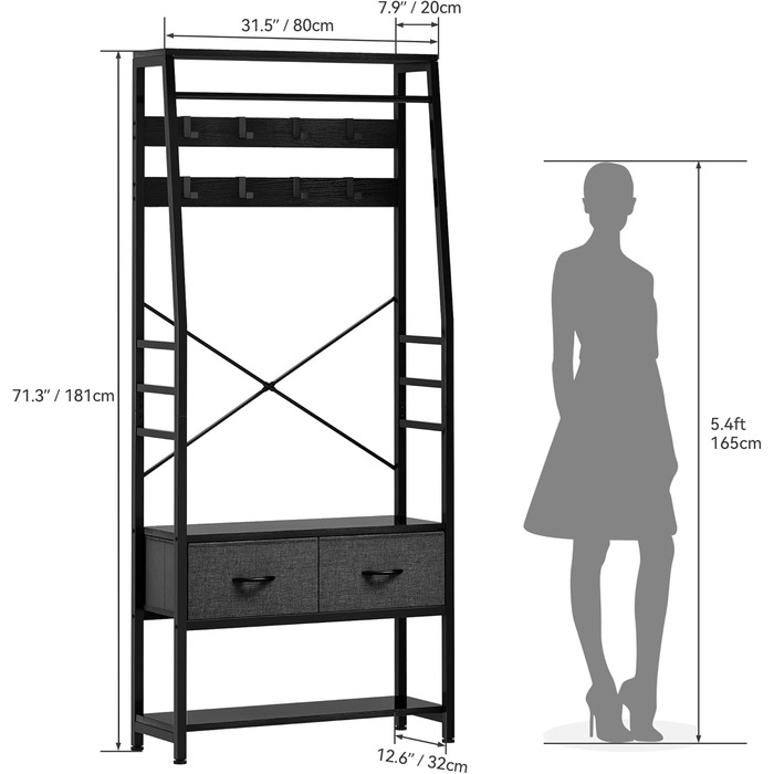 YITAHOME Entryway Storage Bench with Shoe Cabinet, Freestanding Entryway Bench with Bank and 2 Folding Drawers, Industrial Coat Rack with 8 Hooks for Entryway, Living Room, Bedroom, Metal Frame, Rustic Brown (Black)