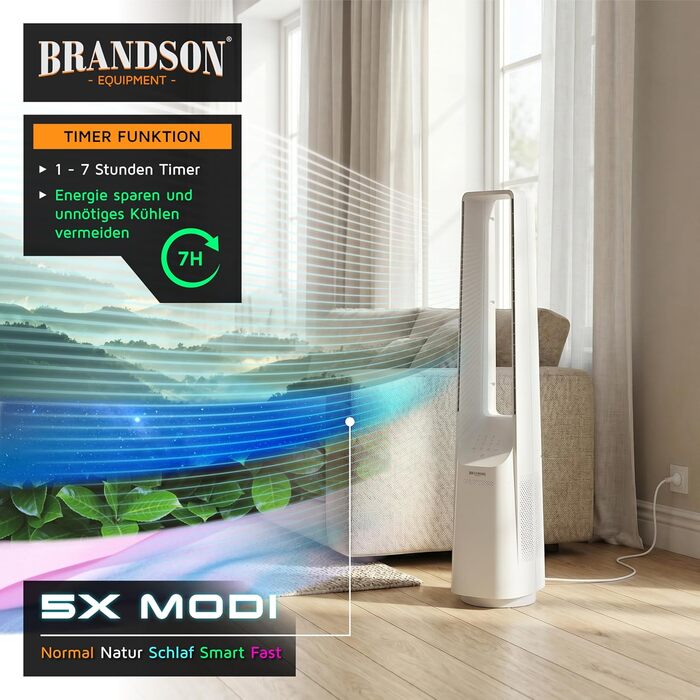 Вентилятор підлоговий безлопатевий Brandson ECO Line – тихий, з пультом, 6 швидкостей, режим сну, білий