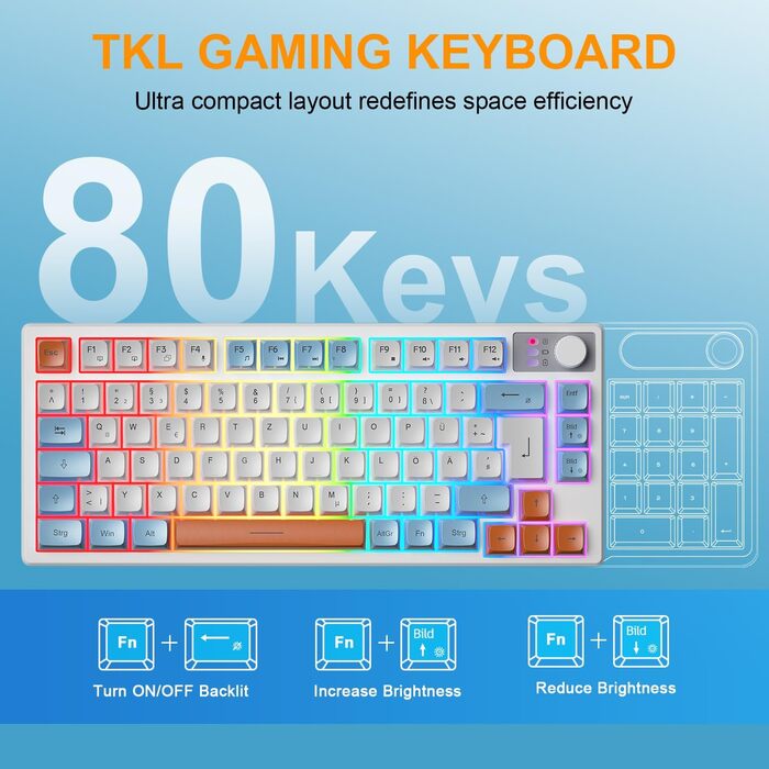 Кабельний комплект клавіатури та миші QWERTZ DE: ігрова клавіатура з регулятором гучності та RGB миша з індикатором заряду, для PC, Mac, Xbox, PS5