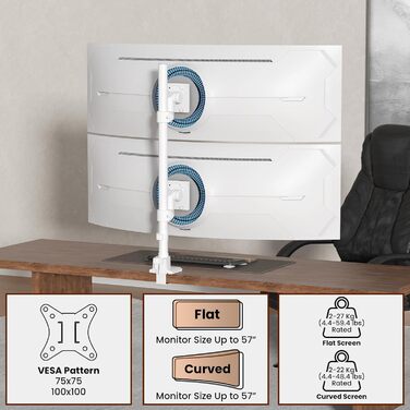 Кріплення для моніторів Halterung - 2 шт. один над одним, для моніторів 24-57 дюймів (плоских та вигнутих), вантажопідйомність 2-27 кг на кріплення, регулювання висоти, 2 варіанти монтажу/VESA 75/100 мм (білий)