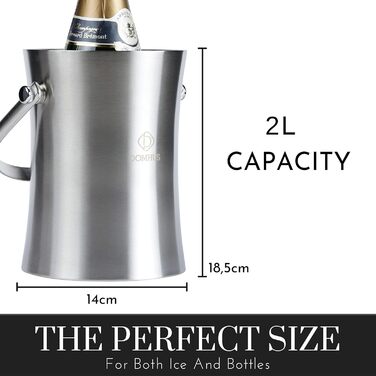 2.0L Premium Ice Cube Container with Lid and Tongs | Stainless Steel Champagne Cooler Insulated Double-Walled Stainless Steel Ice Container with Carrying Handle | Silver Matte