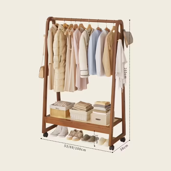 Rolling Garment Rack, Coat Rack, Open Wooden Wardrobe, Wooden Clothes Rail with Blue, Bamboo, Multifunctional, Freestanding, Stable, for Entryway, Living Room and Office (50CM, B)