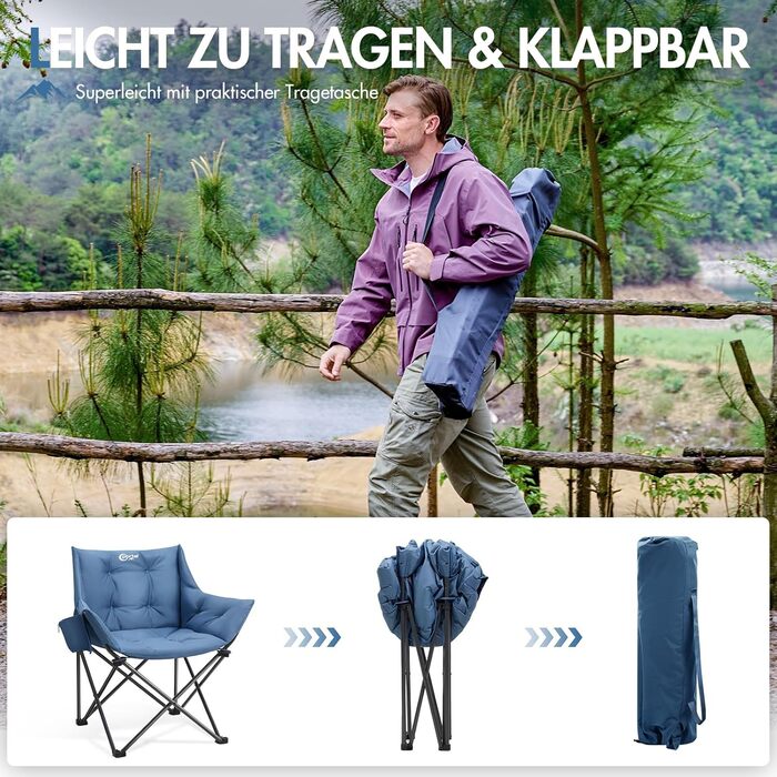 Крісло для кемпінгу складне, XXL, з підлокітниками, 150 кг, блакитне