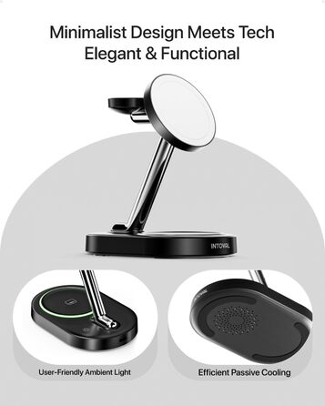 Intoval 3-в-1 Магнітний зарядний пристрій для iPhone 17/16/15/14/13/12, Apple Watch та AirPods. Бездротова зарядка з мережею (Чорний)