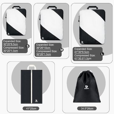 Органайзери для валіз AiQInu, 5 шт. - Набір для пакування з компресійними мішками, мішок для білизни та для взуття. Легкі, розширювані, для ручної поклажі (Чорний)