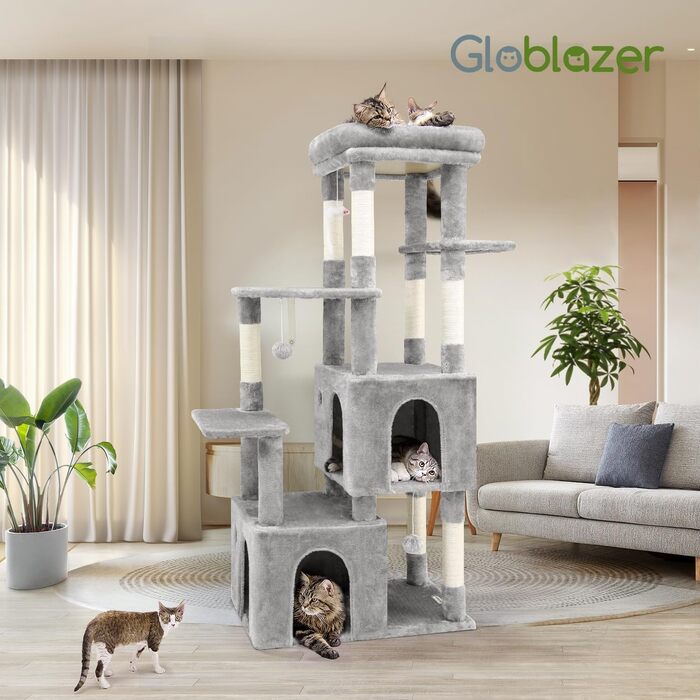 Драбина для котів Globlazer XL (156 см) з будиночком, платформами та когтеточками, сірий