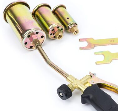 Gas burner roof burner 3-piece set with hose (1.5 m) gas soldering device, torch burner, gas pressure regulator 4 bar with adapter, 3 burner attachments: Ø 25 mm, Ø 35 mm, Ø 50 mm, up to 1850 °C SN0286R