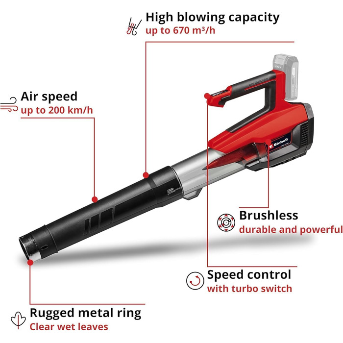 Акумуляторний повітродув Einhell GP-LB 18/200 Li E-Solo Power X-Change, 18В, безщітковий двигун, регулювання обертів, осьова технологія, без акумулятора та зарядного пристрою