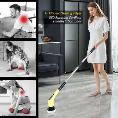 Electric Cleaning Brush, FARI Shower Cleaning Brush with 8 Interchangeable Drill Brush Heads, Cordless Scrubber with Adjustable Handle, Bathroom and Shower Cleaner (Yellow)