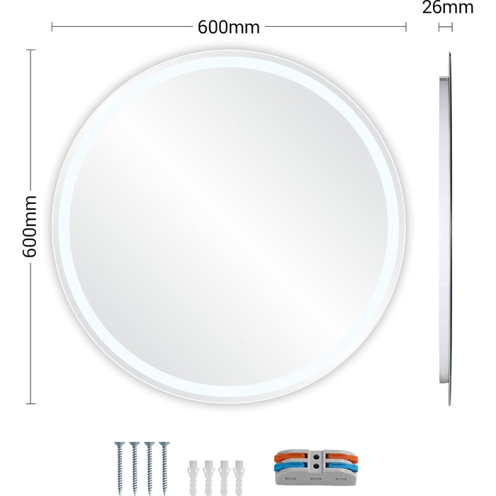Круглий дзеркало для ванної кімнати Clevich з підсвічуванням, 80 см, сенсорне керування, протитуманне покриття, 3 кольори світла, диммування