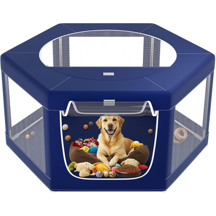 Клітка для собак шестигранна, 114 см, з м'якою обшивкою з 600D Oxford, стабільна конструкція з нержавіючої сталі, 65,6 см у висоту, для малих та середніх собак, блакитна