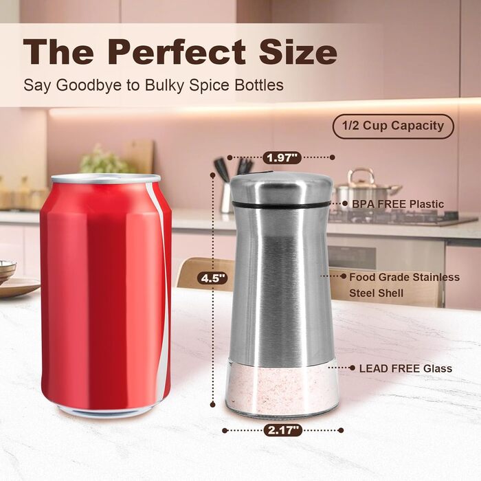 Aelga Salt and Pepper Shakers with Adjustable Pouring Holes, Elegant Stainless Steel Salt Shakers - 2 Piece Salt Spender for Himalayan, Kosher, and Sea Salt