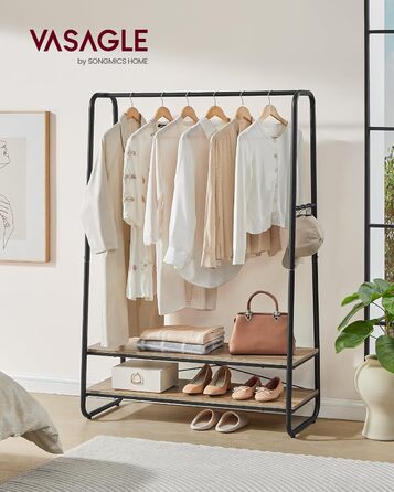 VASAGLE Clothes Rack, Coat Rack, Wardrobe, 2 Shelves, 6 S-Shaped Hooks, Steel Frame, for Bedroom, Hallway, Entrance Area, Cloud White-Matt White RGR112W02 (Turquoise Brown-Matt Black)