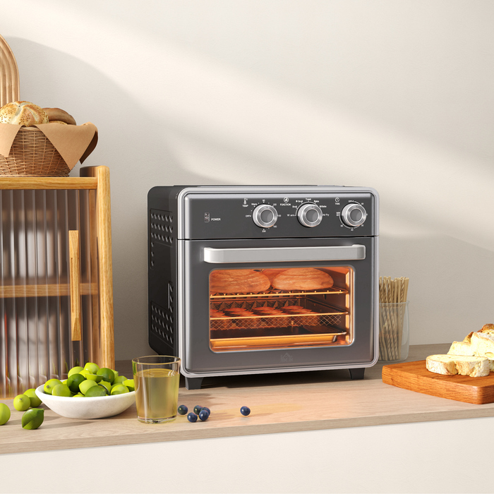 HOMCOM 20L Convection Mini Oven with Baking Tray, Grill Rack, and Crumb Tray, 90°C-230°C Air Fryer with 5 Modes, Frying Basket, 60 Min. Timer, 1400W, Metal | Aosom