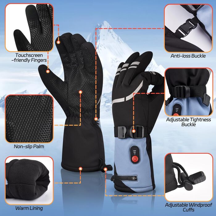 Обогревні рукавички для жінок та чоловіків 7.4V 6400mAh, акумуляторні, 3 режими нагріву, водонепроникні, сенсорні, для мотоцикла, лиж, скелелазіння, піших прогулянок, універсальний розмір