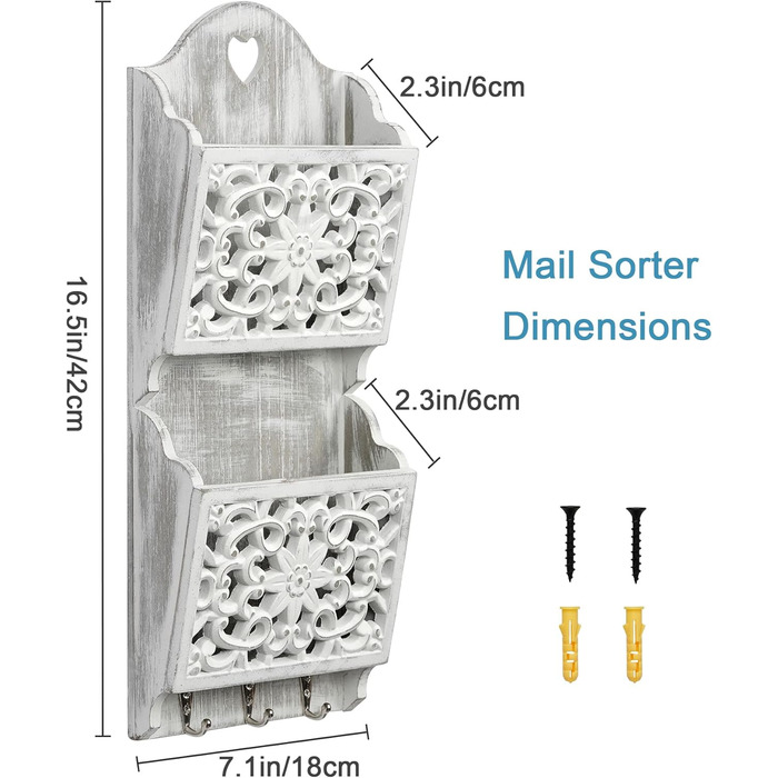 Дерев'яний органайзер для ключів з поличкою та відділенням для листів, крейдяною дошкою та 8 гачками, настінний (античний)