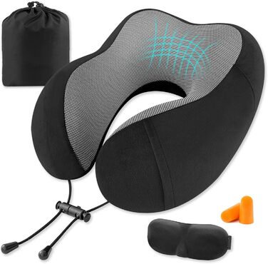 Подушка для шиї у літак CNMTCCO, регульована, з піною Memory Foam, ергономічна, з навушниками, маскою для очей, сумкою, для подорожей (літак, авто), чорна