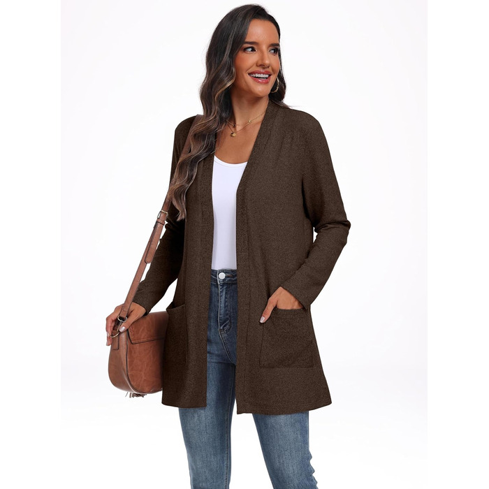 Жіночий кардиган QIXING в'язаний з кишенями, зелений (L, Коричневий) | Зручний, дихаючий, теплий | Для осені та зими