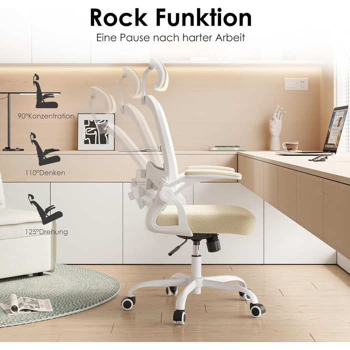 Ергономічне крісло Farini з регулюванням висоти, для офісу та дому, з підголівником, комп'ютерне крісло, до 150 кг, на роликах (білий-хакі)
