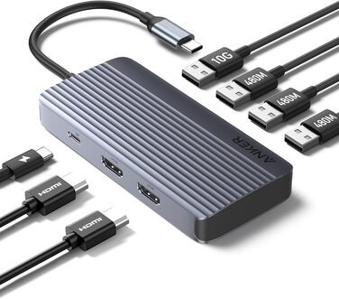 Хаб USB-C Anker 7-в-1: Док-станція з двома HDMI, 100W живлення, 10Gbit/s, USB для MacBook, Dell, iPad