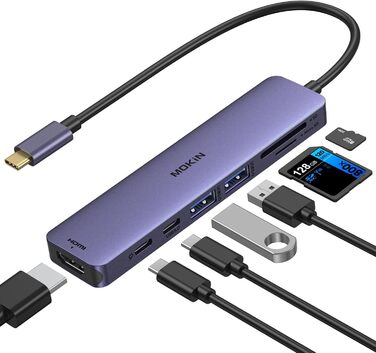 MOKiN USB-C хаб 6-в-1 з HDMI 4K, 2xUSB 3.0, USB 2.0, SD/MicroSD, для MacBook, XPS та інших пристроїв (фіолетовий)