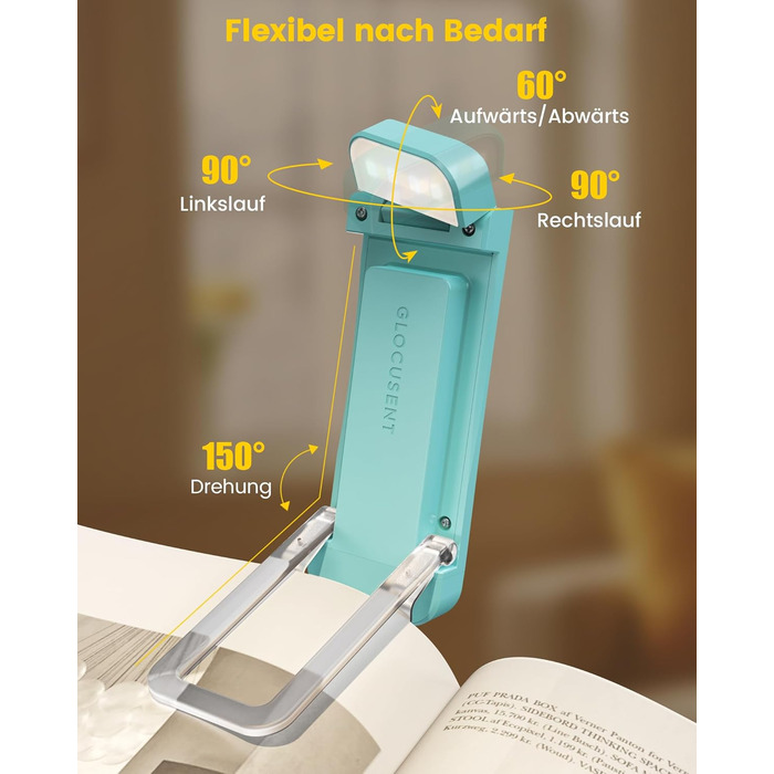 Glocusent Кліпса-лампа для читання з кліпсою, 7 LED, акумулятор 1000mAh, 160 годин роботи, 3 кольори та 5 рівнів яскравості, регульований кут нахилу, для книголюбів, дітей (Блакитна)