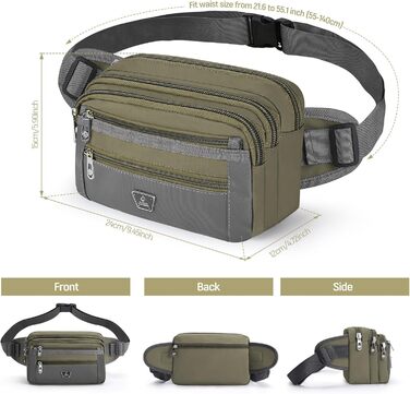 Поясна сумка на пояс для чоловіків та жінок з 7 кишенями на блискавці. Ідеальна для спорту, фітнесу, бігу, велоспорту, подорожей та кемпінгу. Зелений колір.