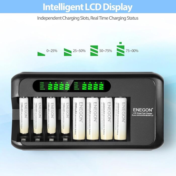 Зарядний пристрій ENEGON для акумуляторів NI-MH/NI-CD з LCD-дисплеєм, 8 слотів, AA/AAA