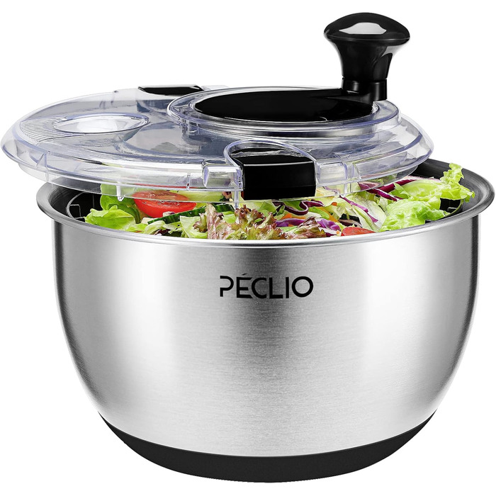 Large 4.5L Salad Spinner Stainless Steel 18/10 High-Quality with Transparent Lid, Non-Slip Bottom - Salad Spinner with Crank Mechanism - BPA-Free & Dishwasher Safe, Black