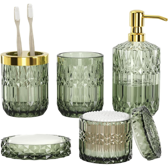 Набір аксесуарів для ванної кімнати зі скла (5 предметів), набір дозаторів для мила зі скла з нержавіючої сталі, елегантний сучасний декор для ванної кімнати, подарунок на День святого Валентина, день народження або новосілля (Shallowgreen)