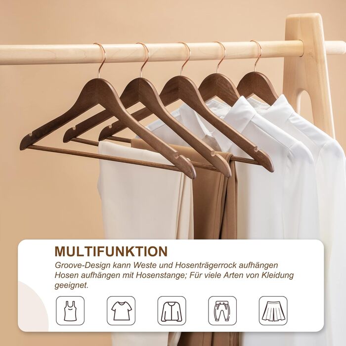 HOUSE DAY Wooden Clothes Hangers, 32 Pack, Walnut Wood Hangers, Walnut Clothes Hangers, Wooden Hangers, Clothes Hangers, Stable Clothes Hangers, Swivel Clothes Hangers, 44.5cm Wide, with Notch, Roségold Hook