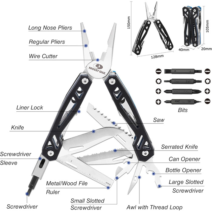 Mossy Oak 21-in-1 Multi-Tool - Folding Knife & Pliers - Camping, Hiking, Repair - with G10 Handle & Carrying Pouch