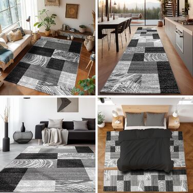 Килимок для вітальні, спальні, їдальні, коридору, кухні. Сучасний килим з геометричним візерунком, м'який, короткий ворс, легкий у догляді. Чорний, 140 x 200 см.