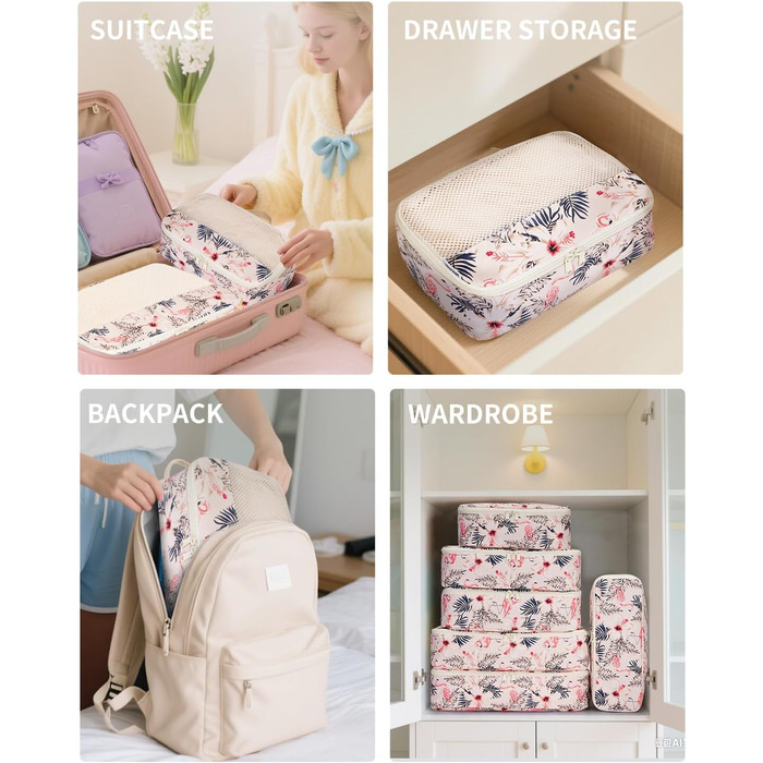 Органайзер для валізи Narwey 7 шт. Набір кубиків для пакування, рюкзак, органайзер для подорожей, дорожні сумки (Смугастий) (Z-бежевий Фламінго)