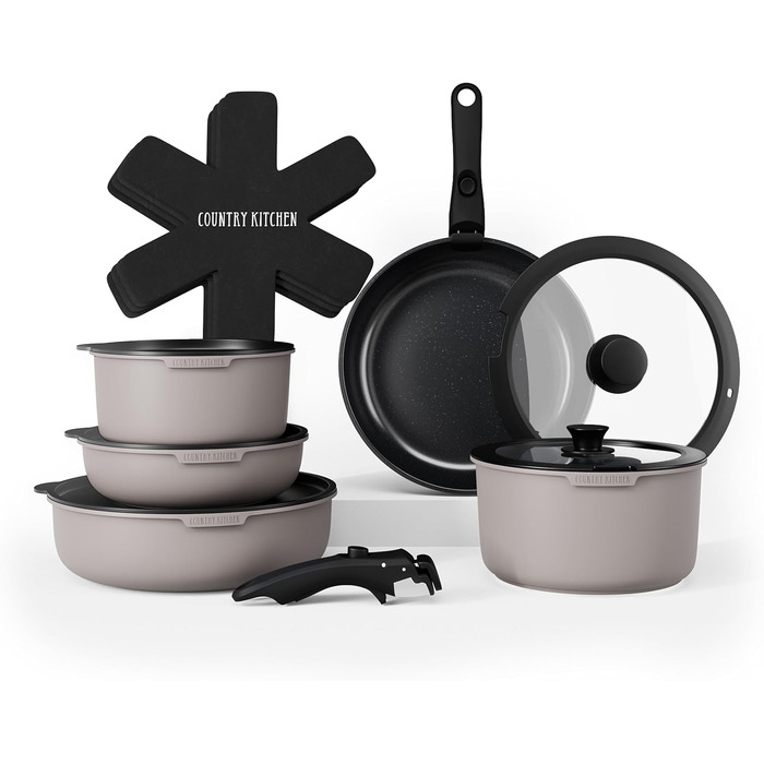 Набір посуду Country Kitchen 13 предметів: каструлі та сковорідки з антипригарним покриттям, знімний ручка, для кухні, кемпінгу, духовки (сірий)
